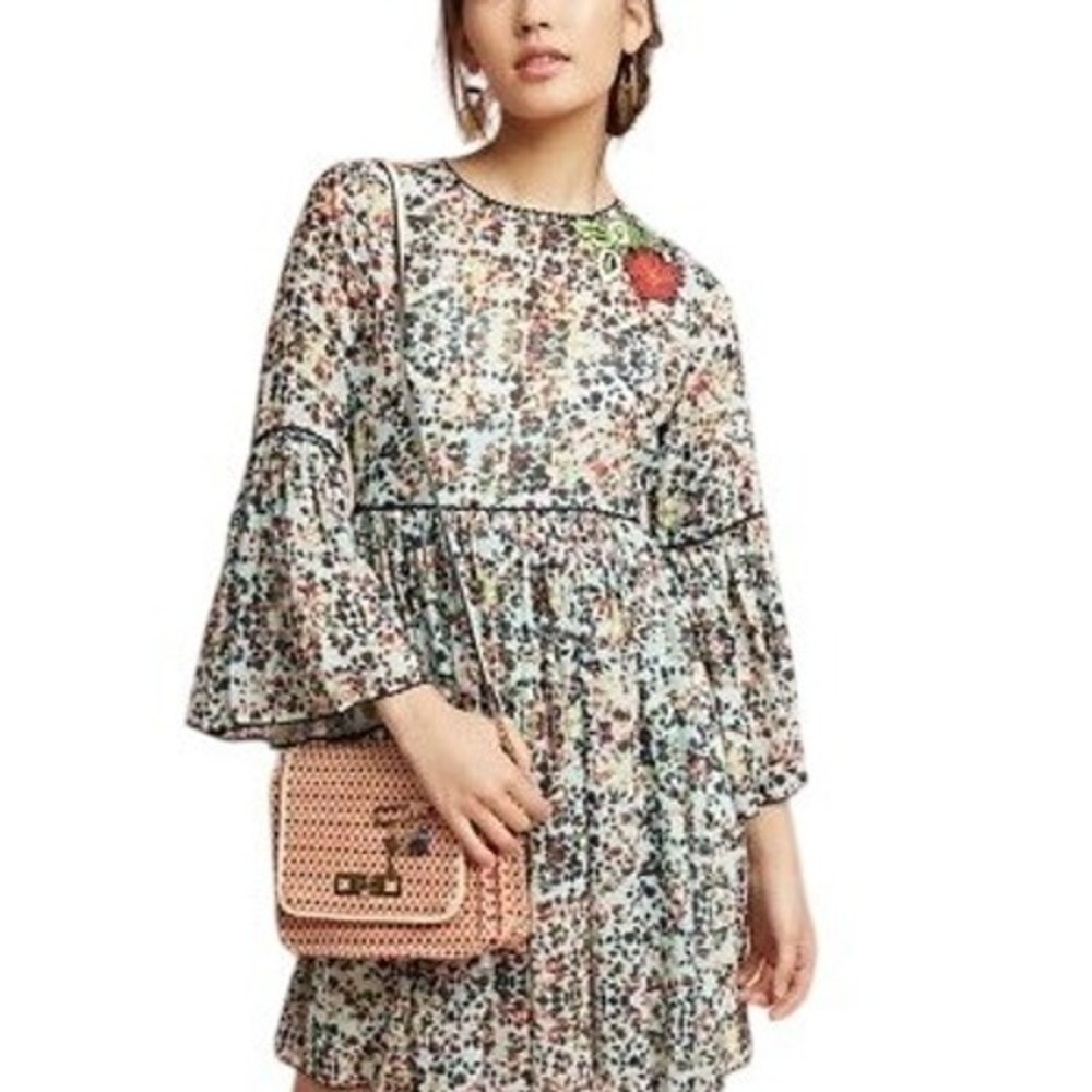 Bhanuna Anthropologie Floral Bell Sleeve Mini Dress Women's 0 Blue Boho Feminine - Picture 2 of 15